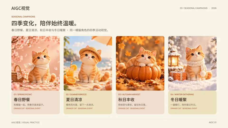四季橘猫 IP 活动海报与 AIGC 视觉探索